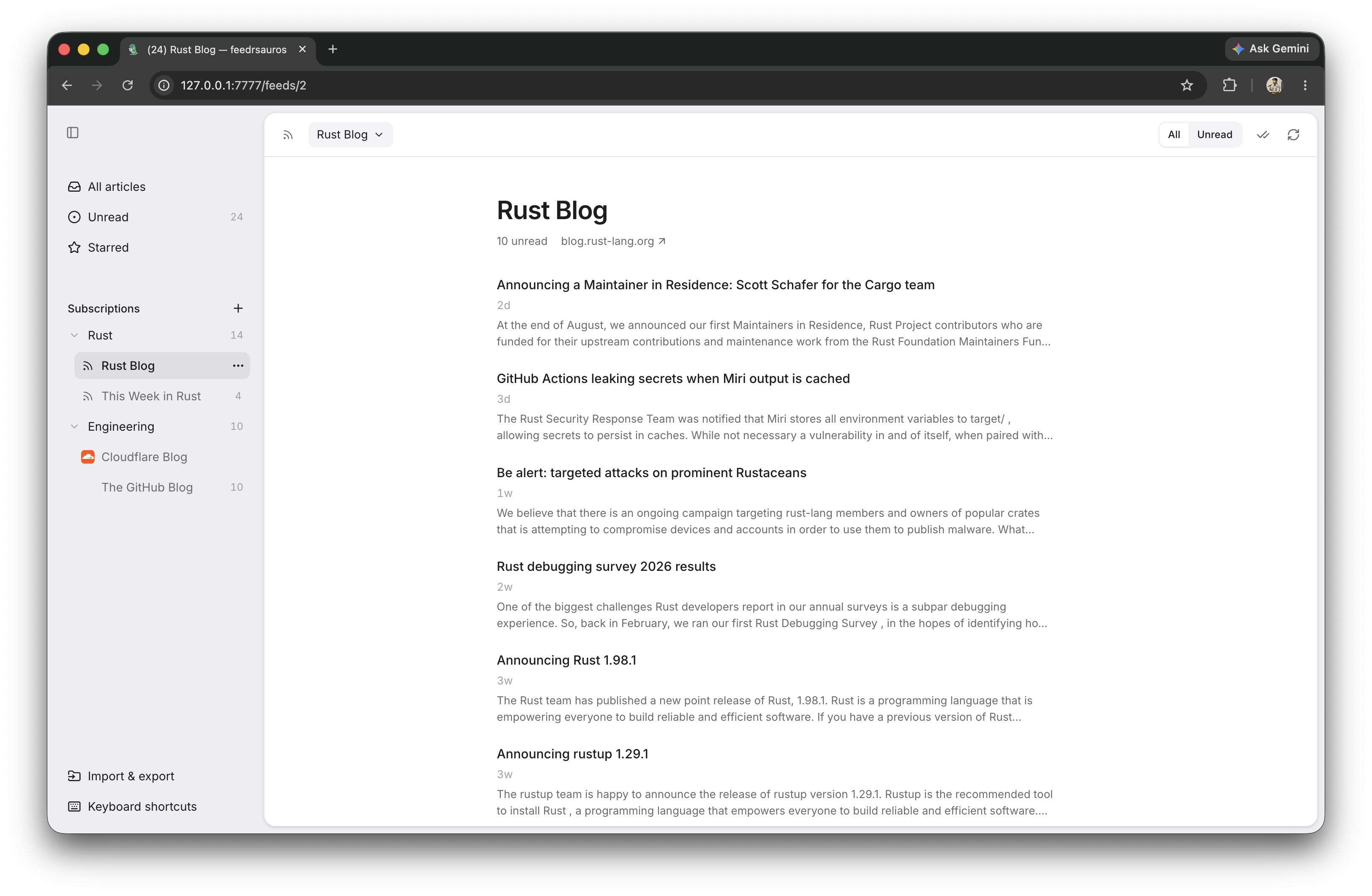 The feedrsauros app: folders of feeds in the sidebar and the latest Rust Blog articles in the list