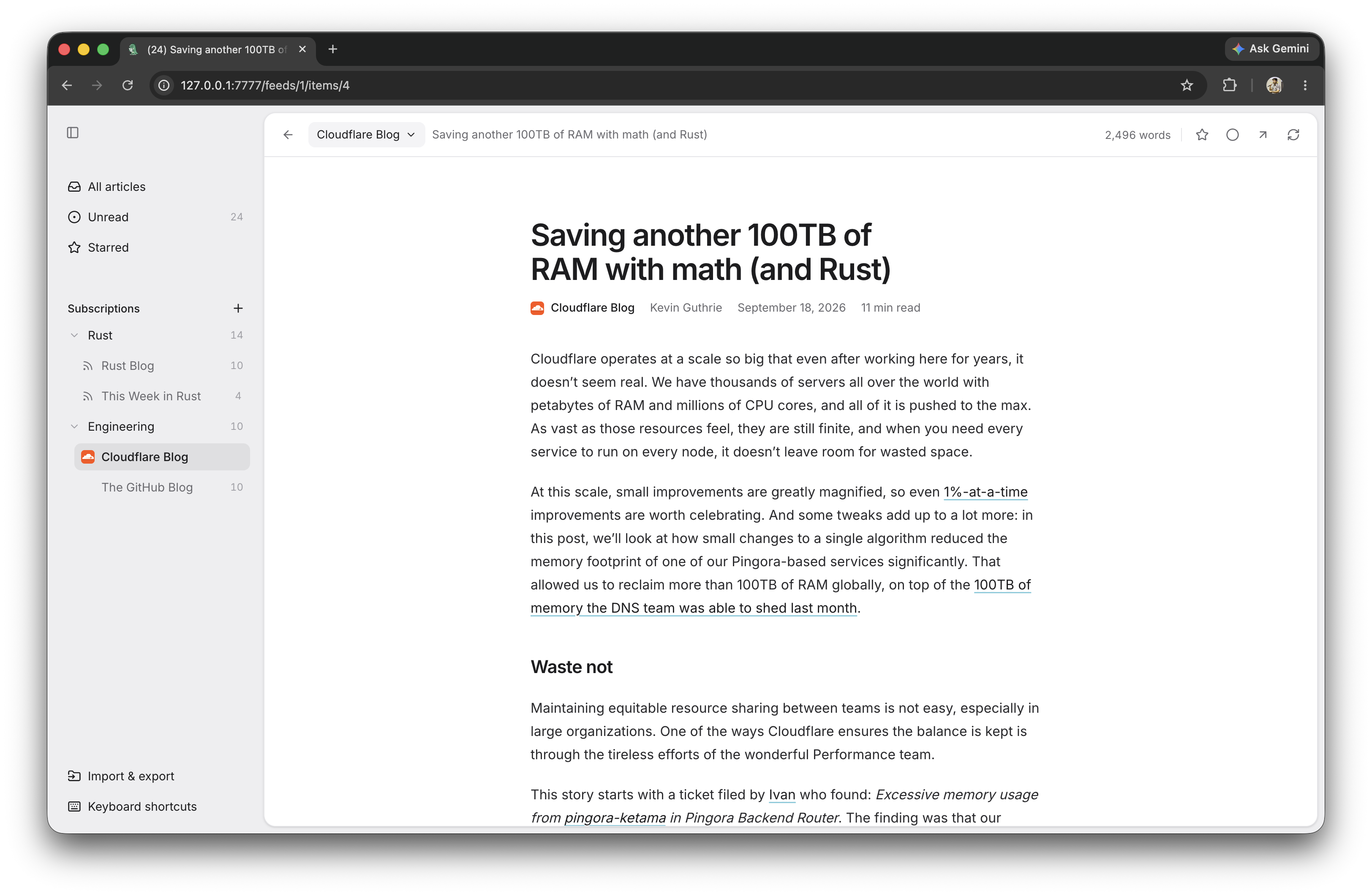 An article from the Cloudflare Blog open in the feedrsauros reader